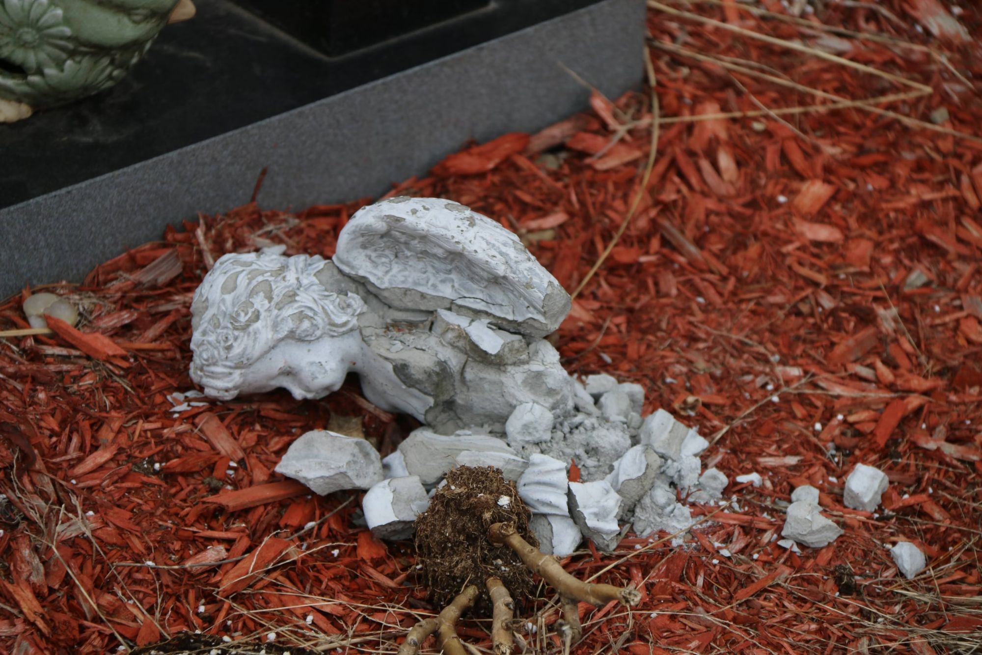 A damaged bird statue rests on the ground, emphasizing the outdoor junk removal service available in Austin, TX.